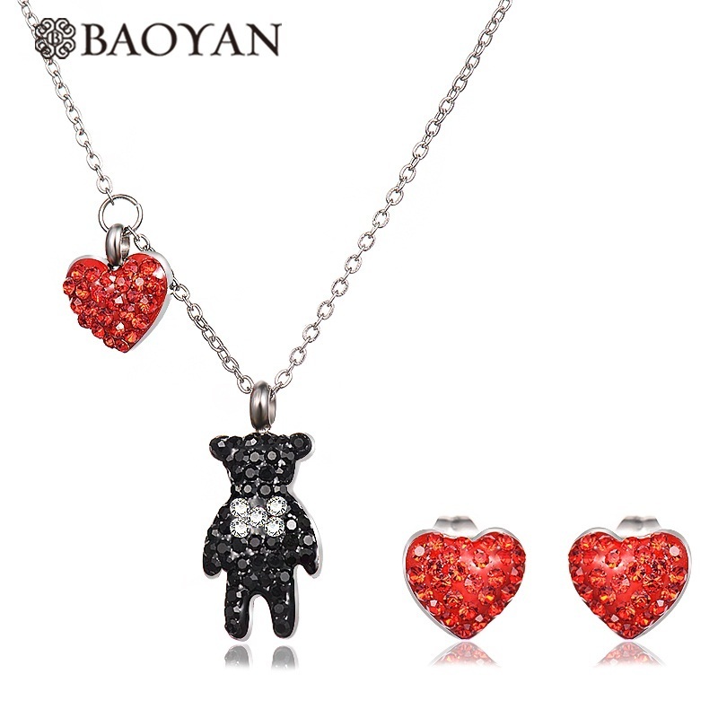 BAOYAN Rhinestone Crystal Heart Bear Stainless Steel Bridal Jewelry Set, Girls Jewelry Set