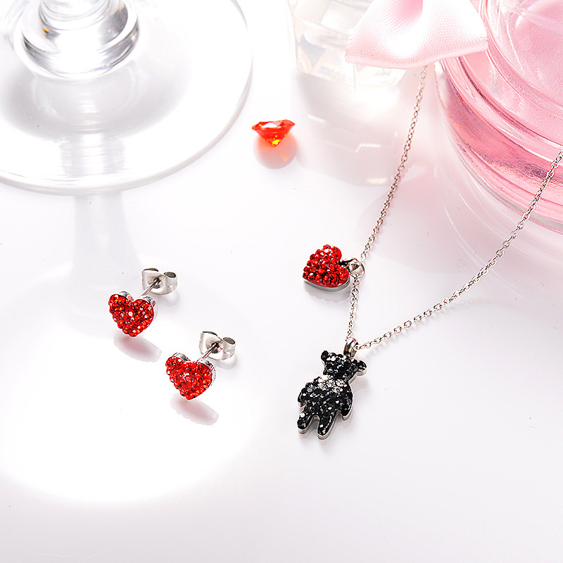 BAOYAN Rhinestone Crystal Heart Bear Stainless Steel Bridal Jewelry Set, Girls Jewelry Set