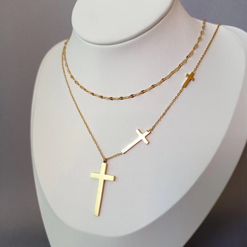 Trendy  Gold Plated Pendant Three Cross Necklace Stainless Steel Women Jewelry Christian Religious Layered Chain Cross Necklace