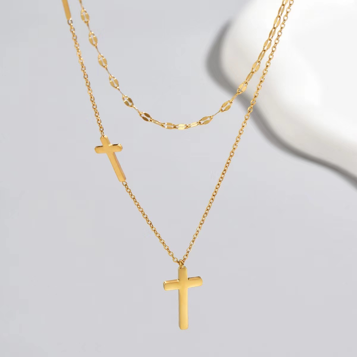 Trendy  Gold Plated Pendant Three Cross Necklace Stainless Steel Women Jewelry Christian Religious Layered Chain Cross Necklace