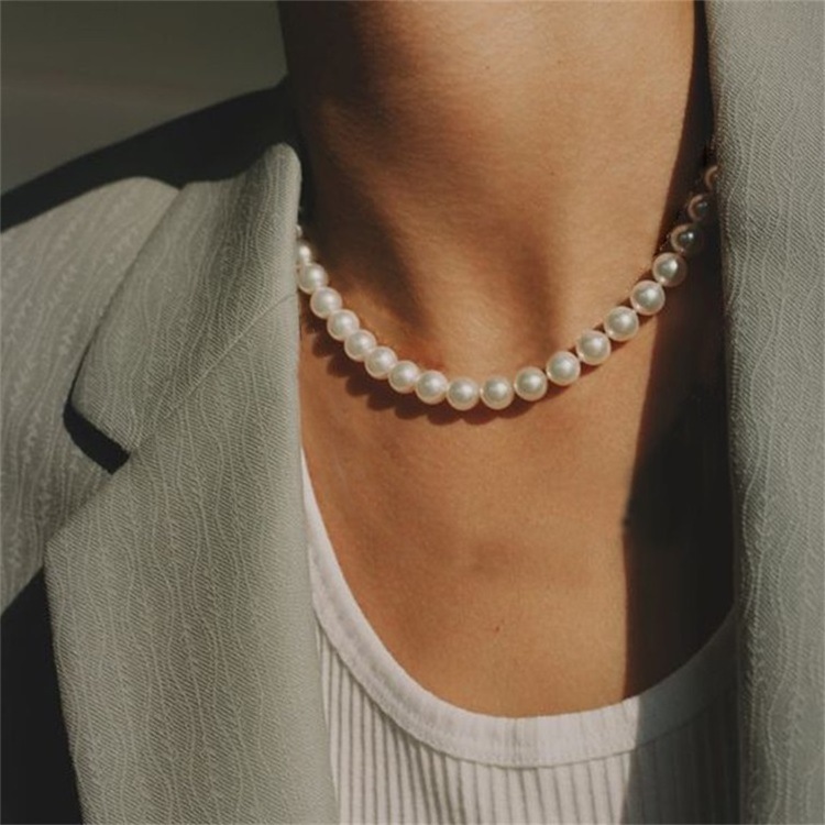 Minimalist Custom Jewelry Waterproof Stainless Steel 3/4/6/8mm Round Glass Pearl Beads Choker Pearl Necklace For Men Women