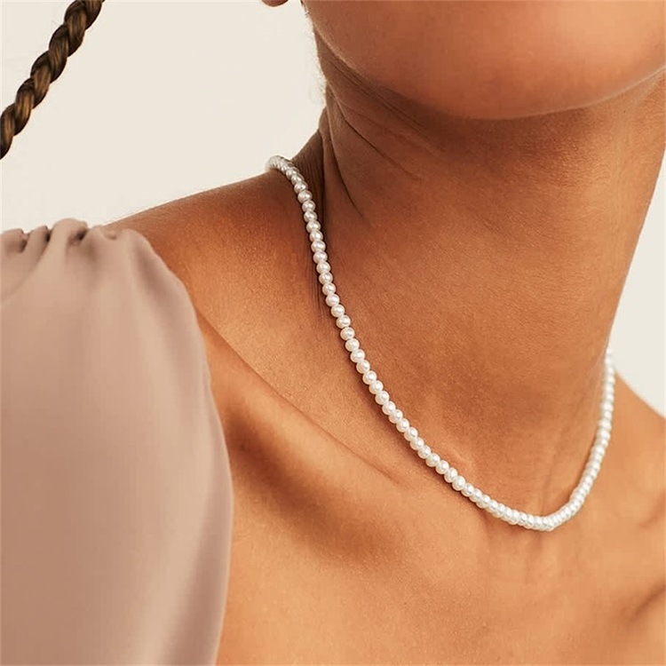 Minimalist Custom Jewelry Waterproof Stainless Steel 3/4/6/8mm Round Glass Pearl Beads Choker Pearl Necklace For Men Women