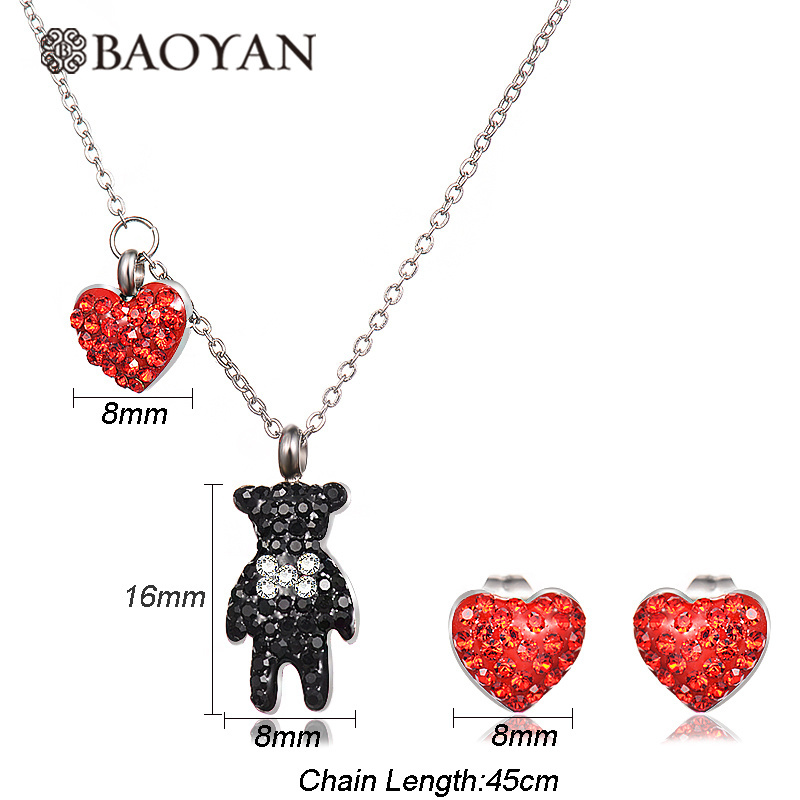 BAOYAN Rhinestone Crystal Heart Bear Stainless Steel Bridal Jewelry Set, Girls Jewelry Set