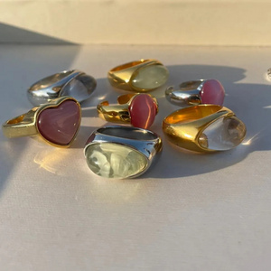 18K Gold Plated Rings Stainless Steel Natural Stone Pink Clear Cat Eye Stone Heart Open Rings