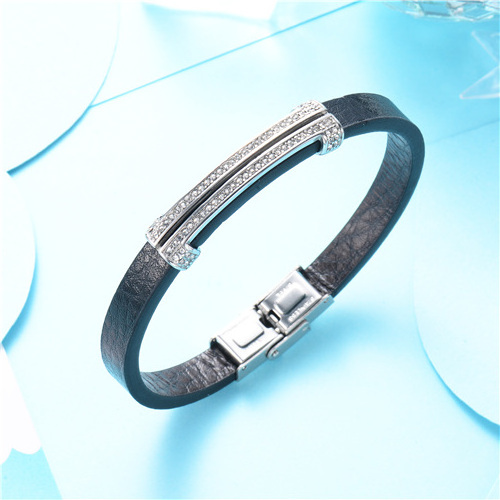 Baoyan Luxury stainless steel black leather silver charm with crystal bracelet men bracelet