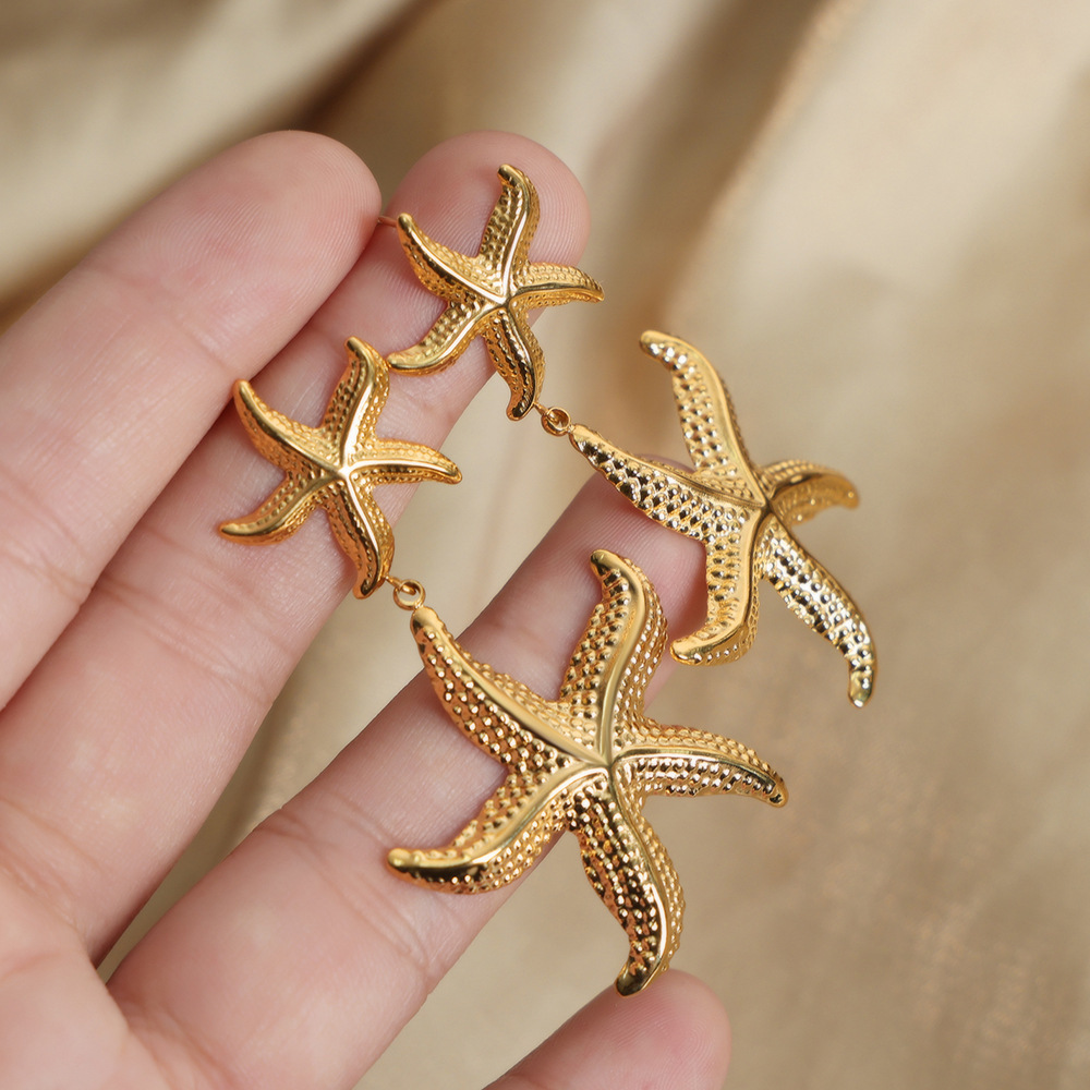 Wholesale Beach Jewelry Non Tarnish Statement Earrings Stainless Steel Waterproof 18k Gold Plated Summer Starfish Stud Earrings