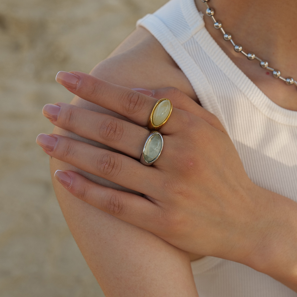 18K Gold Plated Rings Stainless Steel Natural Stone Pink Clear Cat Eye Stone Heart Open Rings