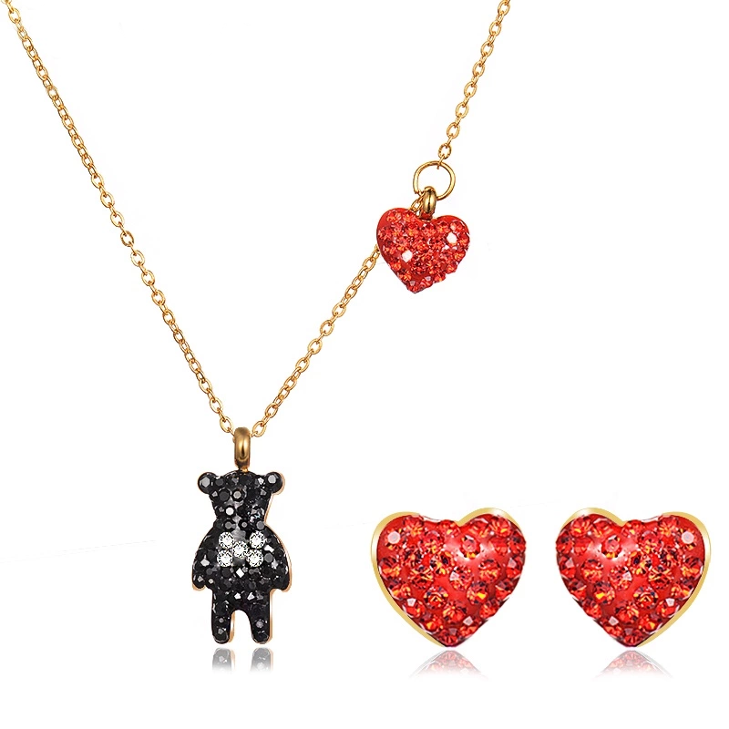 BAOYAN Rhinestone Crystal Heart Bear Stainless Steel Bridal Jewelry Set, Girls Jewelry Set