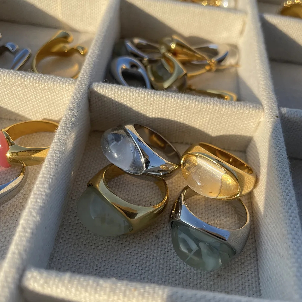 18K Gold Plated Rings Stainless Steel Natural Stone Pink Clear Cat Eye Stone Heart Open Rings