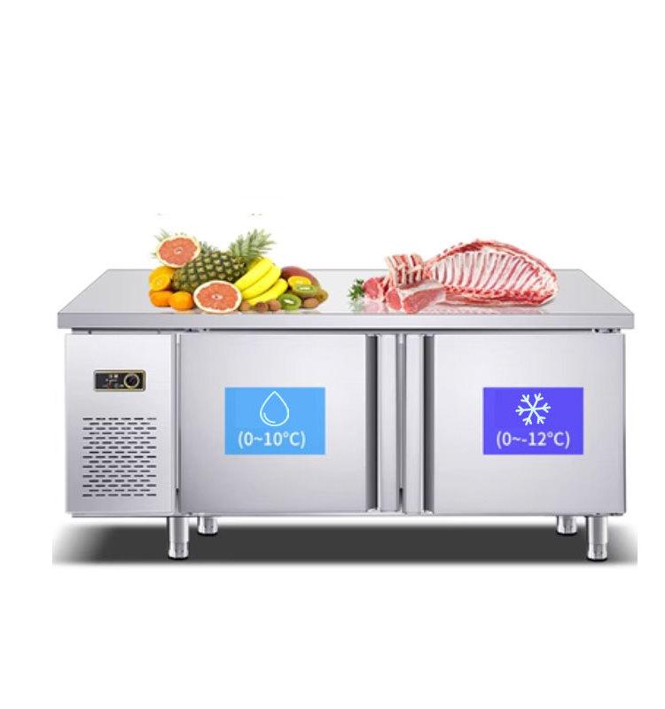 Stainless Steel Kitchen Frozen Fresh Seafood Fish Work Table With Freezer Refrigerator