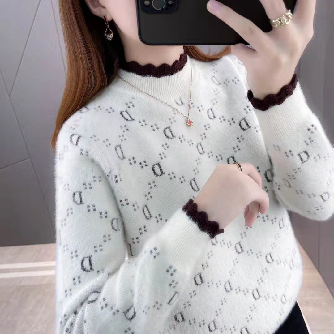 Autumn Winter New Half-turtleneck Sweater Women Loose Versatile Lantern Sleeve Knitwear For Lady