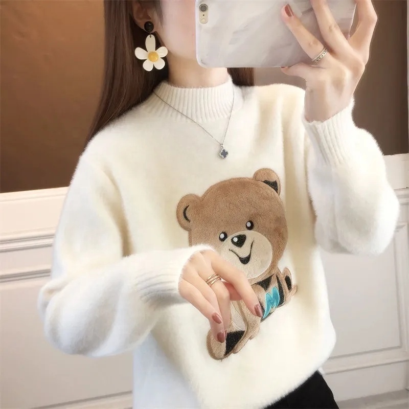 Autumn Winter New Half-turtleneck Sweater Women Loose Versatile Lantern Sleeve Knitwear For Lady