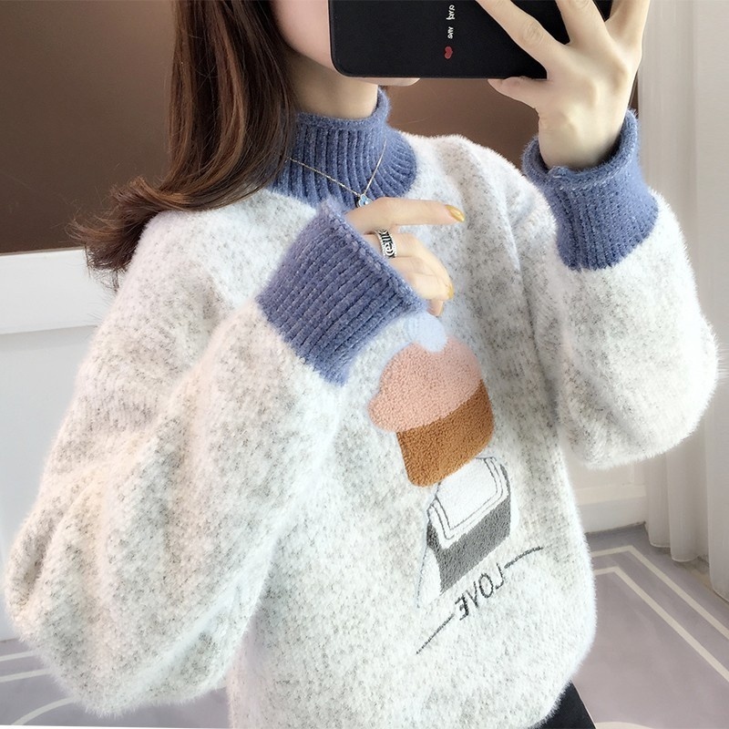 Autumn Winter New Half-turtleneck Sweater Women Loose Versatile Lantern Sleeve Knitwear For Lady