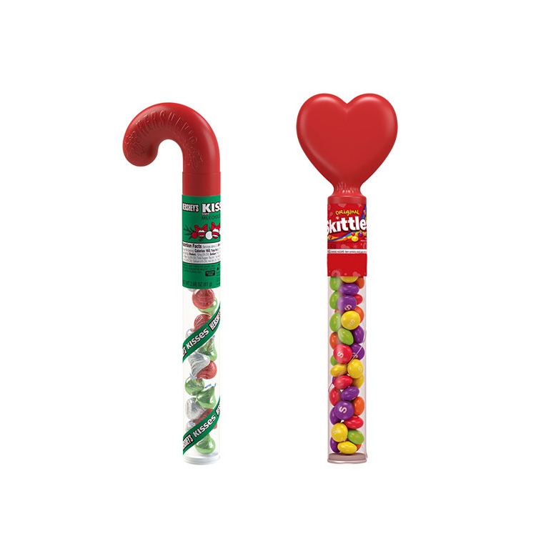 Christmas clear plastic food grade PET tube with heart shaped topper for gift candy packaging