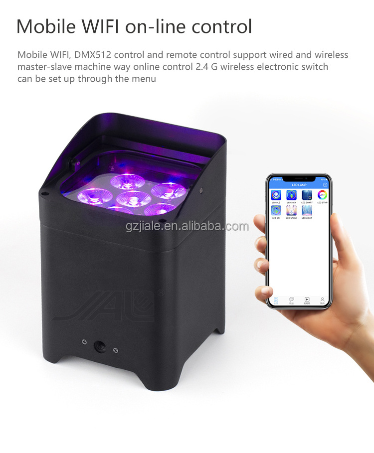 Jiale Wireless WIFI Battery Powered DMX Control 6x18W led RGBWA UV DJ Par Light Upright Stage Light