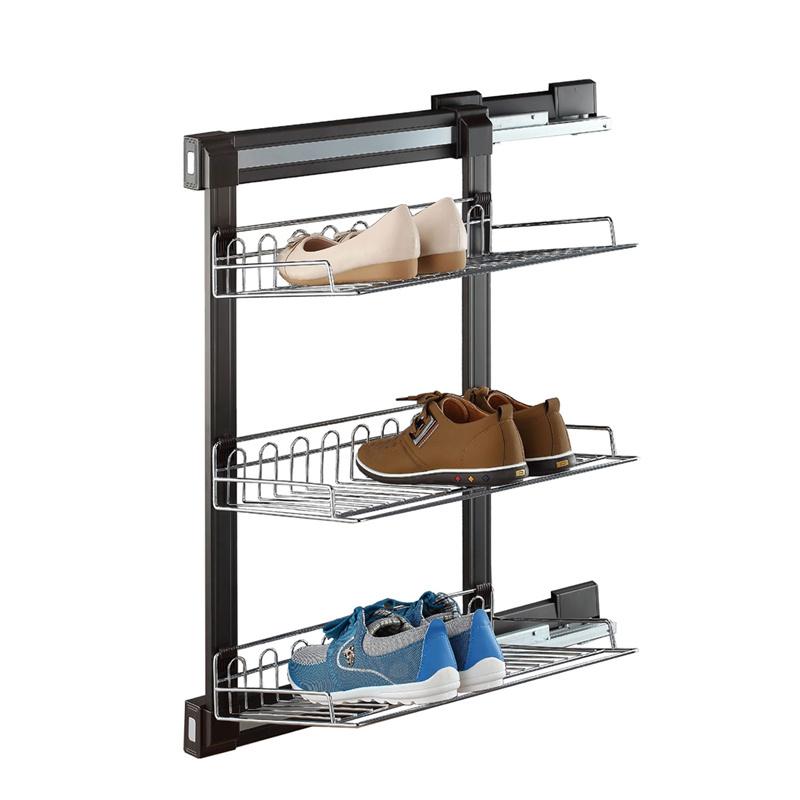 Jayna Three Layer Side Pull Out Chrome Finish Shoe Rack for Cabinet Storage Shoes Hold Shoes Modern Accepted OEM