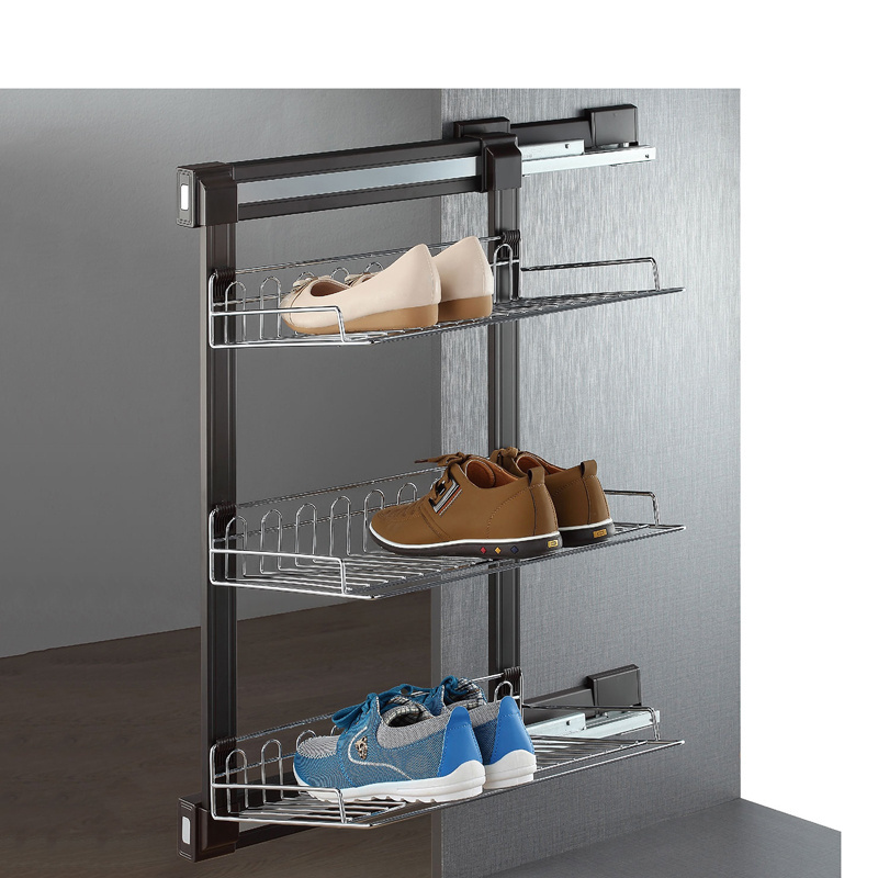 Jayna Three Layer Side Pull Out Chrome Finish Shoe Rack for Cabinet Storage Shoes Hold Shoes Modern Accepted OEM