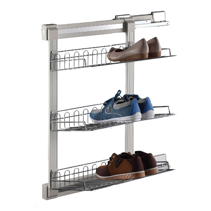 Jayna Three Layer Side Pull Out Chrome Finish Shoe Rack for Cabinet Storage Shoes Hold Shoes Modern Accepted OEM