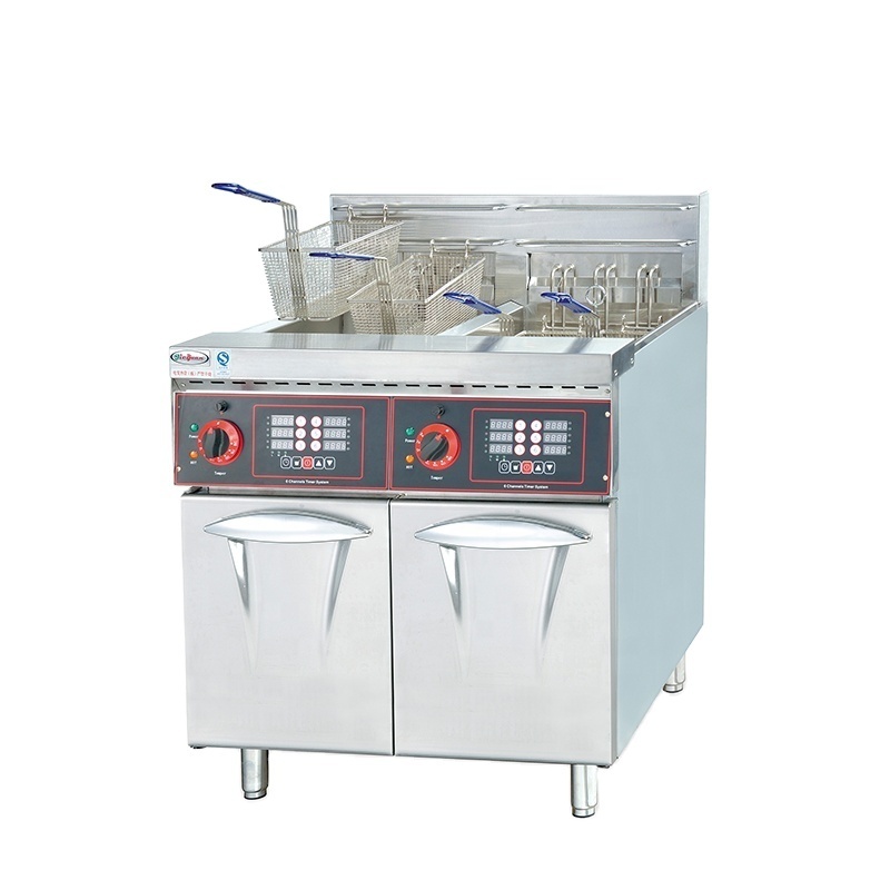 Commercial stainless steel Custom Vertical 2 tanks 2 Baskets Timer Electric Deep Fryer with Cabinet