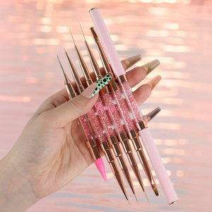 Jieniya popular Nylon/ Kolinsky hair double head Pink Rhinestones handle dual brushes gel nail polish nails art liner brush set