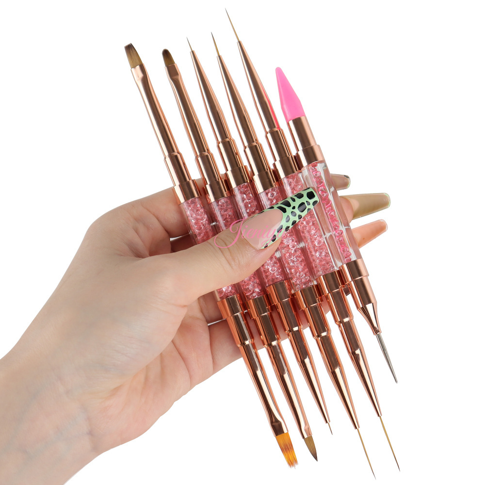 Jieniya popular Nylon/ Kolinsky hair double head Pink Rhinestones handle dual brushes gel nail polish nails art liner brush set