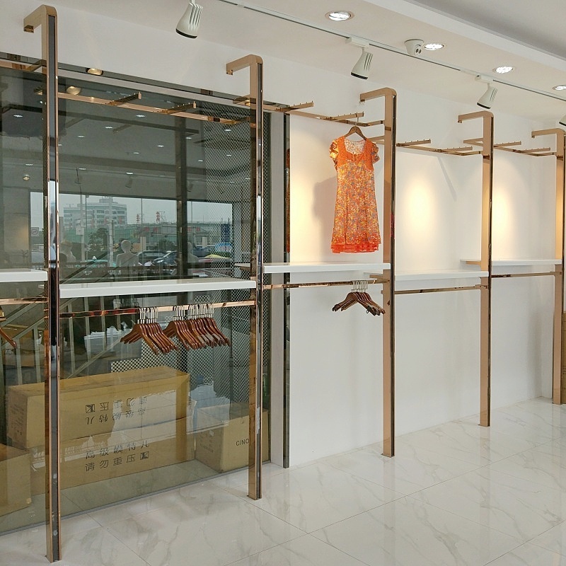 Retail Store Multifunctional Cheap Shelf Stainless Steel Clothing Bag Shoes Gold Display Racks