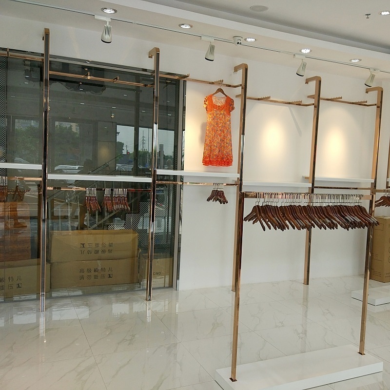 Retail Store Multifunctional Cheap Shelf Stainless Steel Clothing Bag Shoes Gold Display Racks