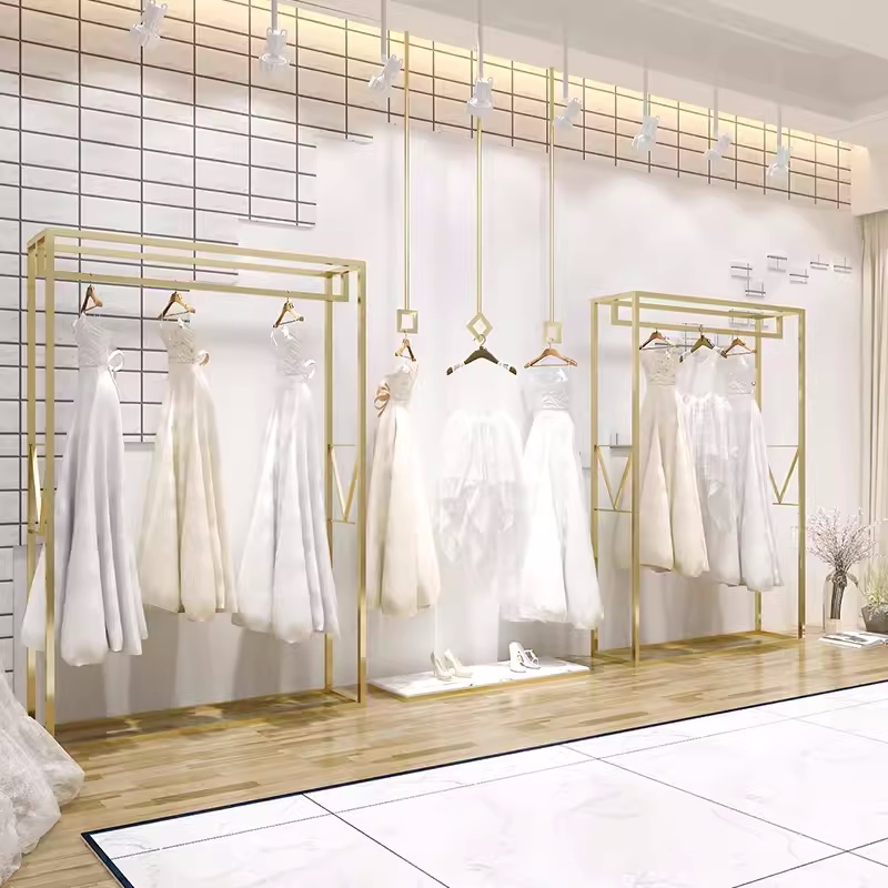 Bridal Clothing Store Display Rack Wall Fixing Adjustable Height Garments Shop Rack Ceiling Hanging Clothes Rack