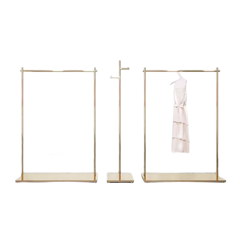 minimalist style clothing store stainless steel shiny gold boutique furniture display rack clothing