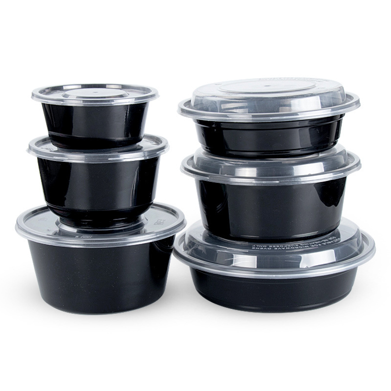 Wholesale Black Round Plastic Disposable Compartment Lunch Box With PVC Lid