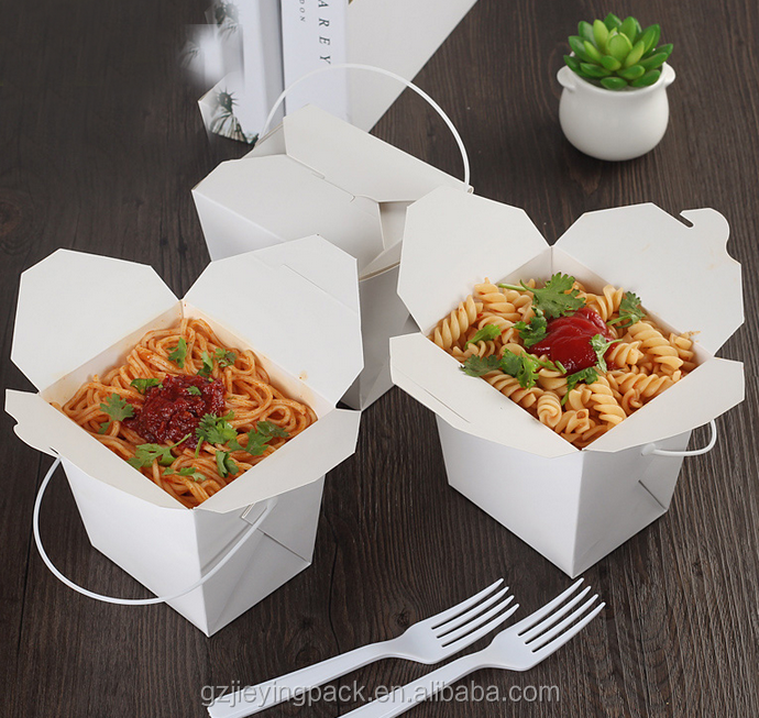 350g food grade cardboard white paper salad box with plastic handle