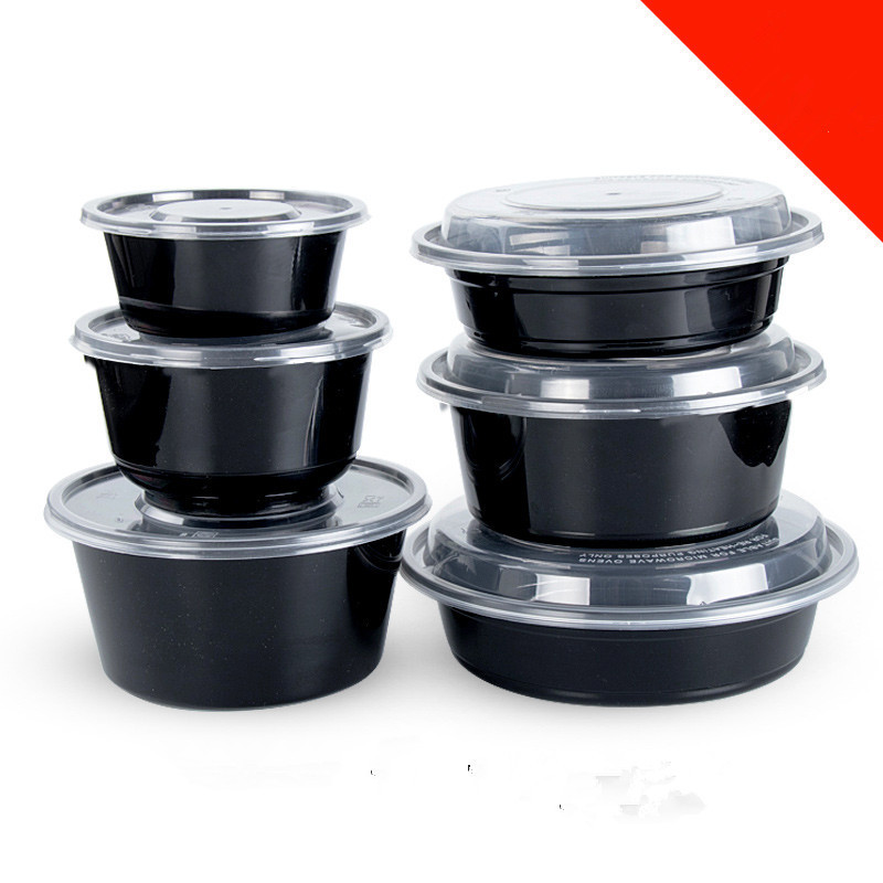 Wholesale Black Round Plastic Disposable Compartment Lunch Box With PVC Lid