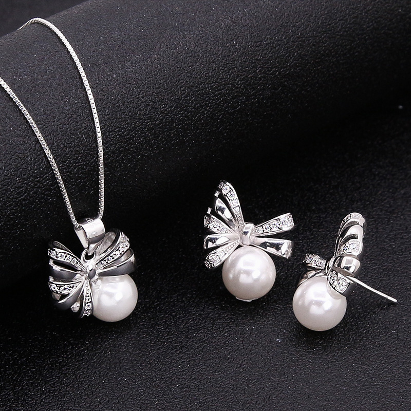 925 Sterling silver premium diamond bow stud pendant set Earring accessories pearl earrings empty tray