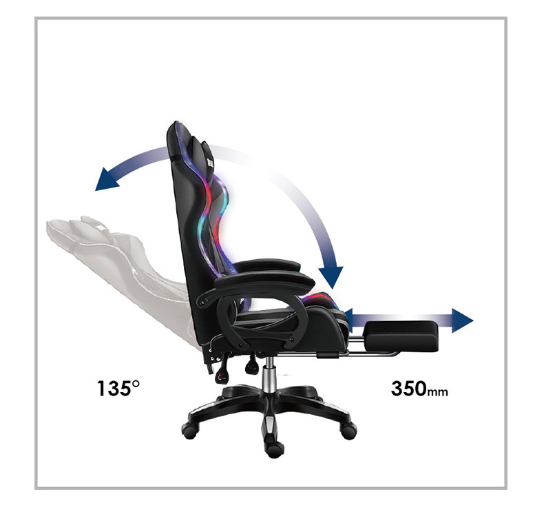 Fashionable rotating PU leather gaming chair optional with footrest 7-point massage LEDRGB colored lights Bluetooth audio