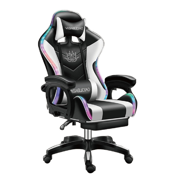 Fashionable rotating PU leather gaming chair optional with footrest 7-point massage LEDRGB colored lights Bluetooth audio