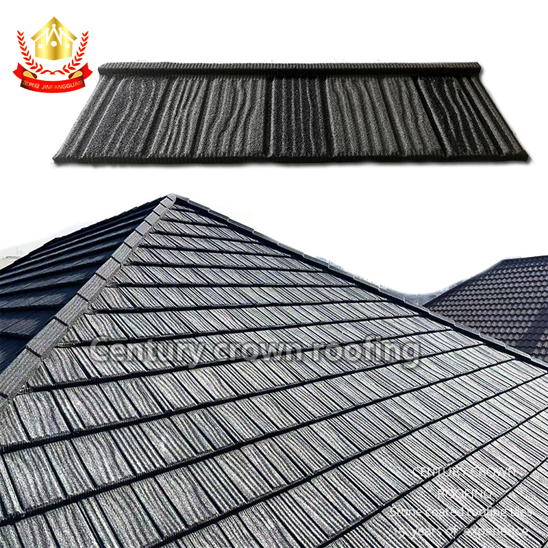 Metal roofing sheets prices Wood Tile 0.4mm black color stone coated metal roof tile sheet steel roofing materials