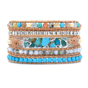 Unique Mixed Beads Gilded Stone Bracelet Charm 5 Strands Boho Crystal Wrap Bracelets Handmade Wholesale