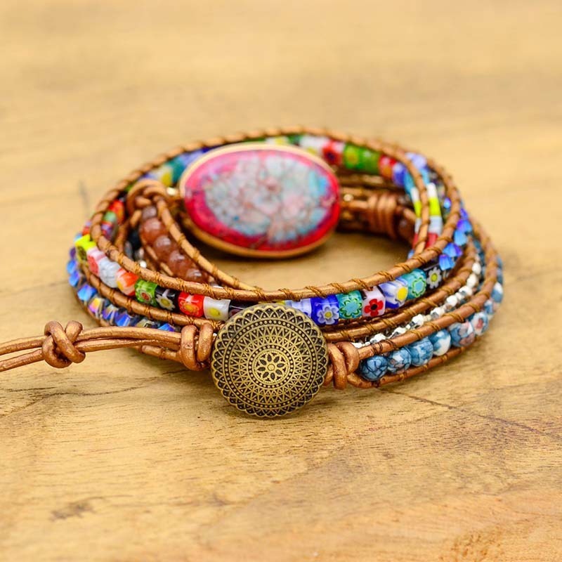 Bohemian Leather Healing Stone Bracelet Vintage Beads Triple Bracelet Femme Boho Hippie Jewelry  Wholesale