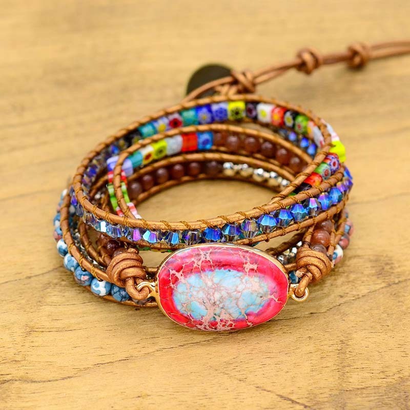 Bohemian Leather Healing Stone Bracelet Vintage Beads Triple Bracelet Femme Boho Hippie Jewelry  Wholesale