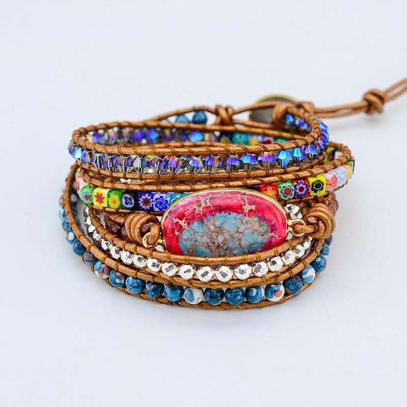 Bohemian Leather Healing Stone Bracelet Vintage Beads Triple Bracelet Femme Boho Hippie Jewelry  Wholesale