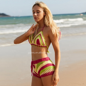 JINRU custom summer Sexy high waist Crochet Women Beach Cover up Women's colorblock Beachwear Bikini 2 pieces Set bikinis