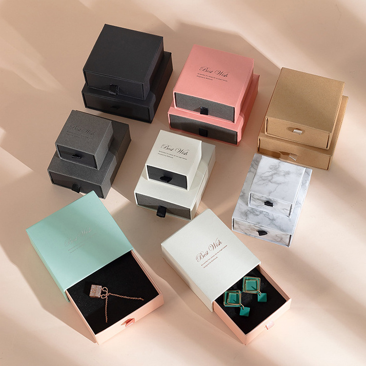 Drawer slide rigid cardboard paper gift box cheap bracelet ring necklace empty jewelry boxes with ribbon foam