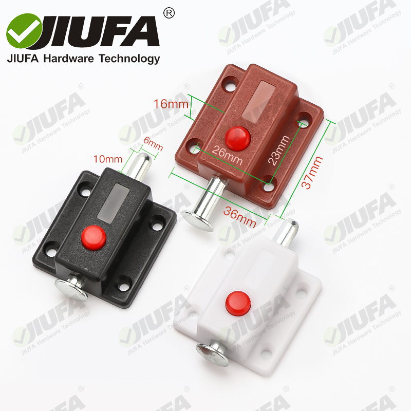 JIUFA Furniture Hardware Spring Loaded  Automatic Button Plastic Push Latch Push To Open Spring Furniture Cupboard Latch