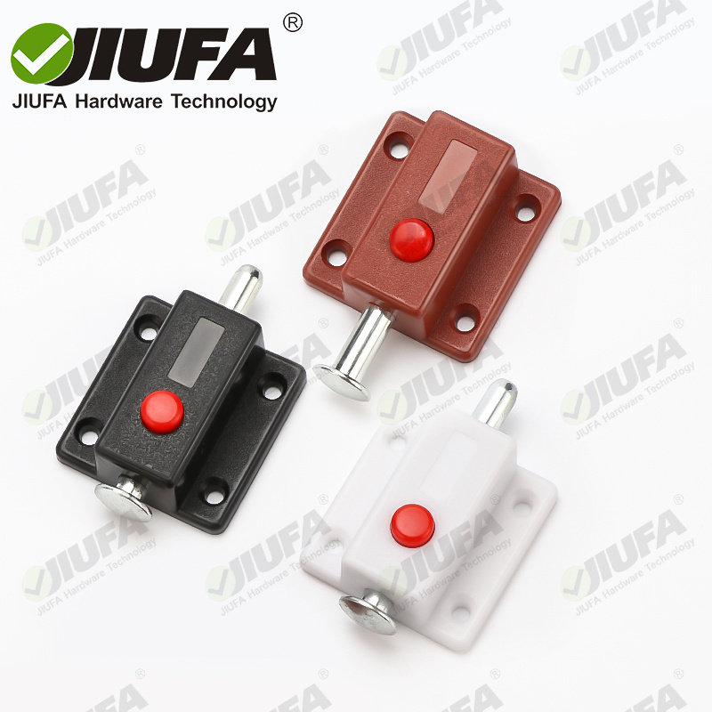 JIUFA Furniture Hardware Spring Loaded  Automatic Button Plastic Push Latch Push To Open Spring Furniture Cupboard Latch