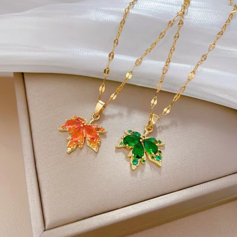 Titanium Steel Red Maple Leaf Banquet Wedding Necklace Women's Versatile Clavicle Chain Titanium Steel Chain