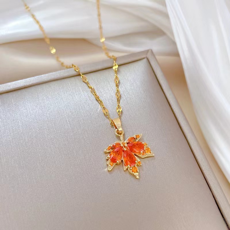 Titanium Steel Red Maple Leaf Banquet Wedding Necklace Women's Versatile Clavicle Chain Titanium Steel Chain