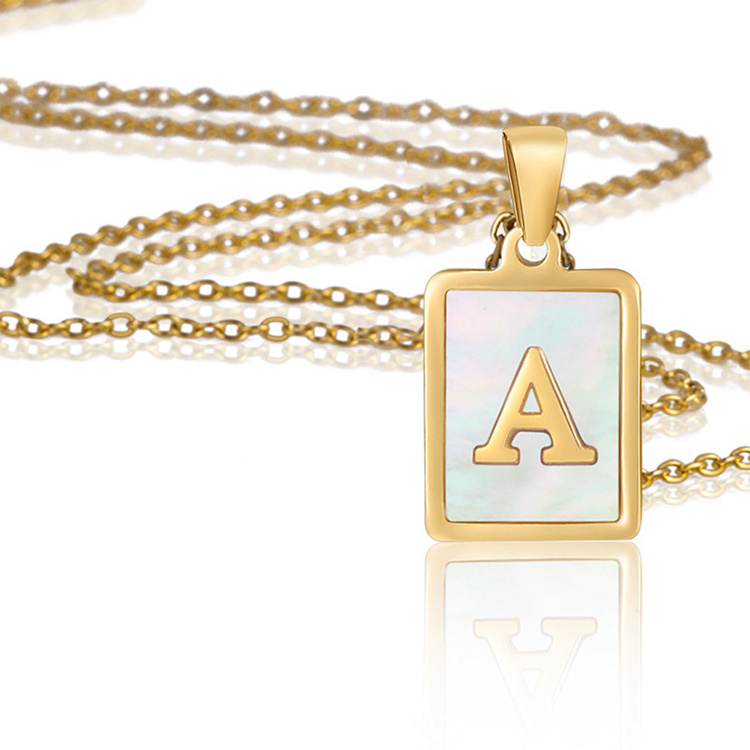 A-Z Alphabet Square Initial Necklaces Natural Shell Letter Necklaces For Women Minimalist Stainless Steel Jewelry 2022