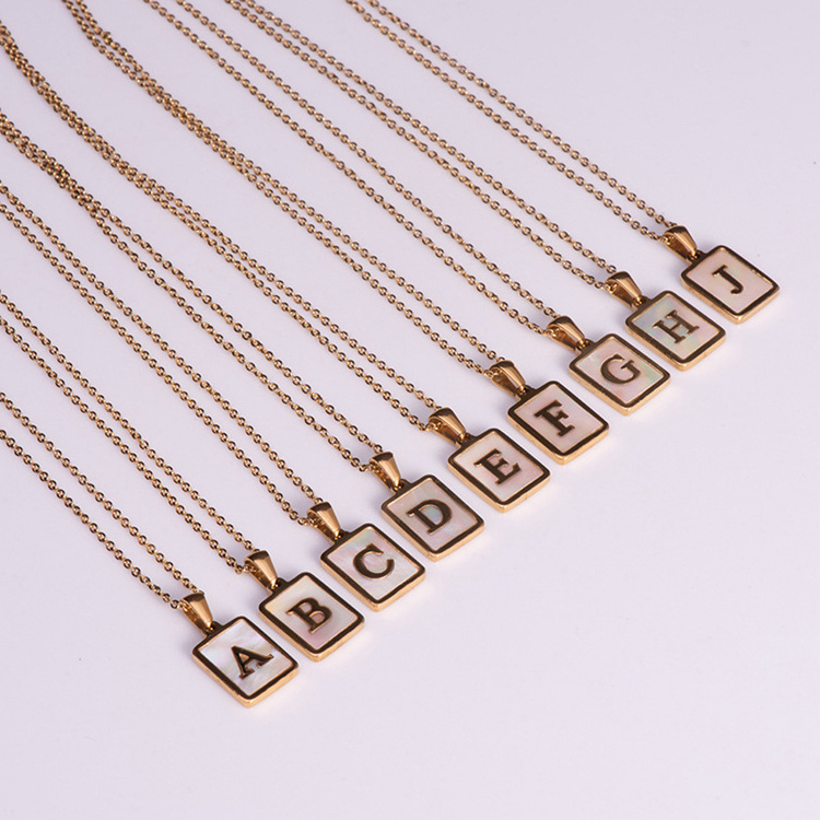 A-Z Alphabet Square Initial Necklaces Natural Shell Letter Necklaces For Women Minimalist Stainless Steel Jewelry 2022