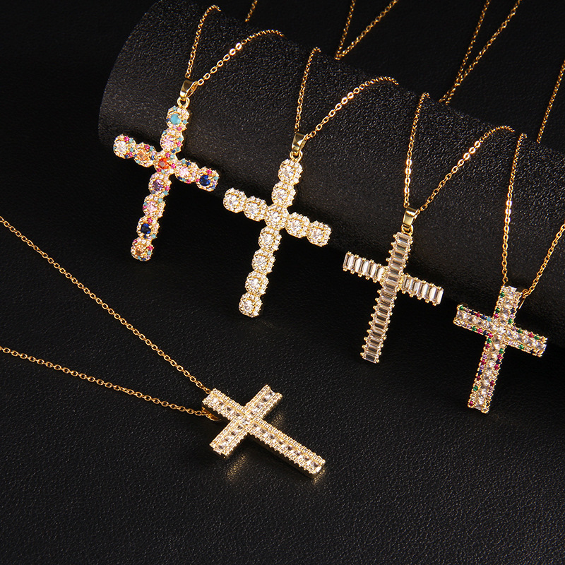 Fashion Gold Plated Brass Christian Jewelry Micro Pave Rainbow Colorful Crystal CZ Cubic Zirconia Cross Pendant Choker Necklace