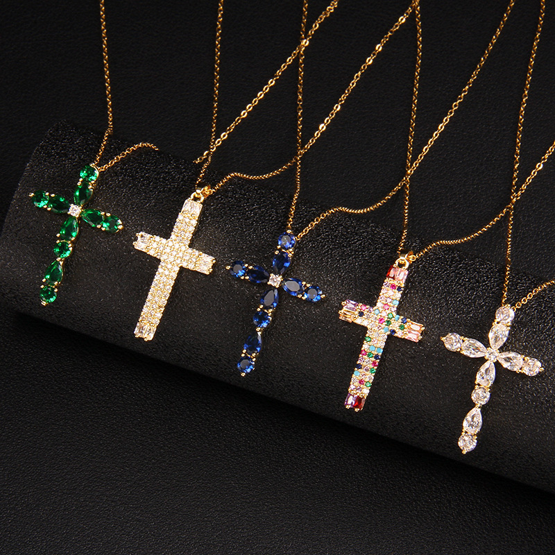 Fashion Gold Plated Brass Christian Jewelry Micro Pave Rainbow Colorful Crystal CZ Cubic Zirconia Cross Pendant Choker Necklace